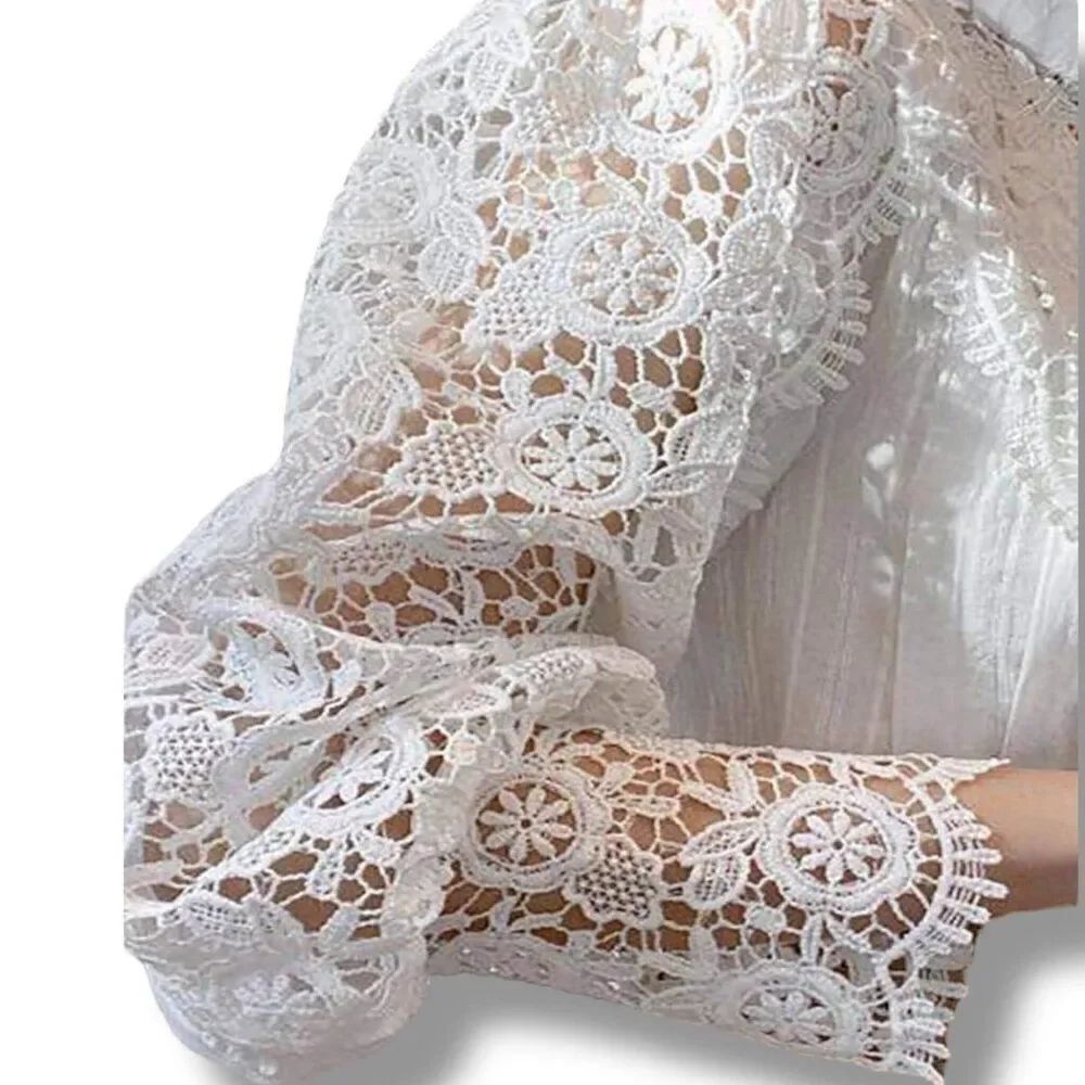 Victorian White Cut Out Puff Sleeve Cotton Linen Blouse Medium NWT - Picture 4 of 6